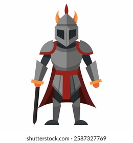 a cartoon medieval knight with sword ready to fight illustration.Suitable for children's books, sticker,t shirt design, mascot, logo. Isolated on white background. Front view. Vector illustration. 