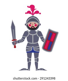 Cartoon medieval knight with  a sword and shield .  Romantic hero. Knight's panoplies. 
