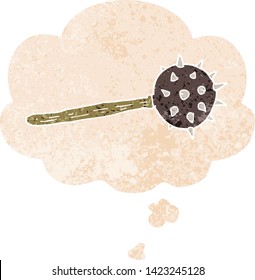 cartoon medieval mace with thought bubble in grunge distressed retro textured style