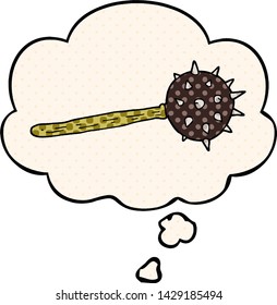 cartoon medieval mace with thought bubble in comic book style
