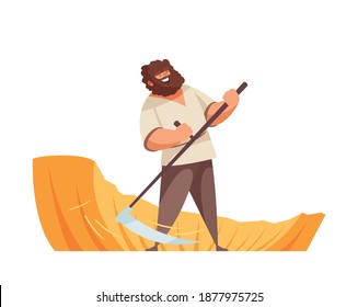 Cartoon medieval man wielding with scythe in field vector illustration