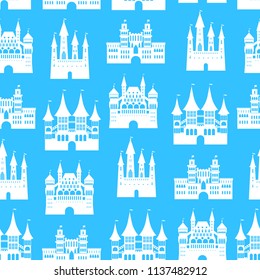 Cartoon Medieval Old Castles Seamless Pattern Background Fortress Concept Element Flat Design Style. Vector illustration