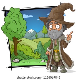 Cartoon medieval old wizard character with big hat on nature landscape background