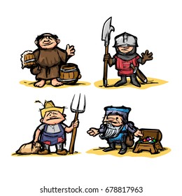 Cartoon medieval set of characters of different professions in the style of colored doodle