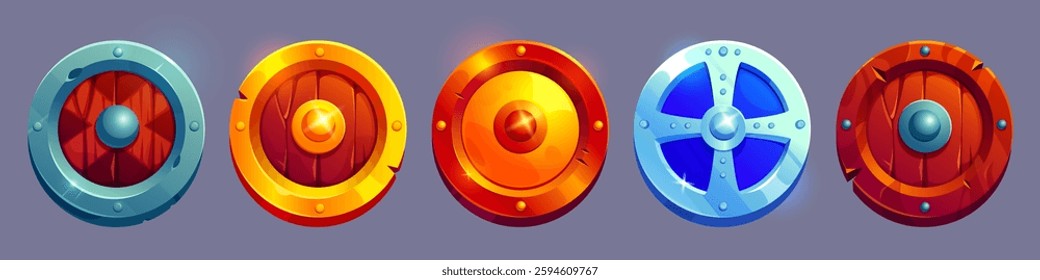 Cartoon medieval shield set with round wooden bucklers - iron rim, golden border, bronze frame, blue metallic cross design, wood edge. Defensive equipment for fantasy games or knight battle interface.