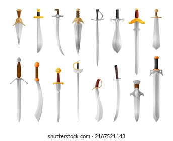 Cartoon medieval sword. Metal blade weapon, knight saber and war dagger. Antique swords isolated vector illustration set of swords for fight, military accessories, object from steel and metal