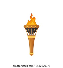 Cartoon Medieval Torch With Burning Fire Game Asset. Illumination In Dungeon Or Castle, Symbol Of Triumph. Isolated Vector Ancient Flaming Torchlight Or Lighting Flambeau Lantern And Decorated Handle