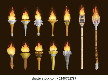 Cartoon medieval torches, vector game assets of ancient torch lanterns with burning fire. Fire torch light in stone and wooden pipe stick, tribal or victory cup torch lantern or torchlight