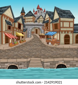 Cartoon medieval town. Middle age village.  Ancient city.
