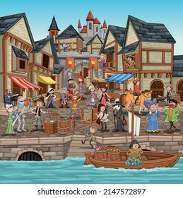 Cartoon Medieval Town. Middle Age Village With People.  Ancient City With Cartoon Characters.
