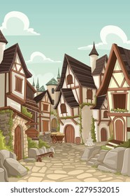 Cartoon medieval town. Middle age village.  Ancient city.