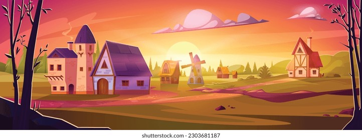 Cartoon mittelalterliche Stadt bei Sonnenuntergang. Vektorgrafik von alten Steinhäusern und Mühle im europäischen Stil, grünes Feld, Kiefernwald, Steine nahe Fußweg, Sonne am Horizont. Landwirtschaftlicher Spielhintergrund