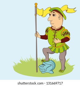 Cartoon medieval warrior with flag