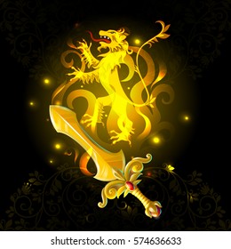 Cartoon medieval weapon template with beautiful sword heraldic light lion and flowery ornament on dark background vector illustration