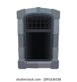Cartoon medieval window of prison, jail cell or wall cage with metal grate. Prison dungeon isolated window with iron bars, castle tower or fortress jail vector gates with stones bricks