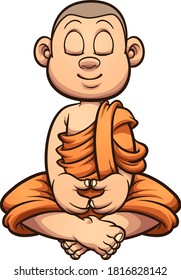 Cartoon meditating Buddhist monk kid. Vector clip art illustration with simple gradients. All on a single layer.
