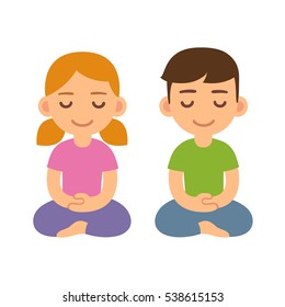 Cartoon meditating children, boy and girl. Cute meditation and mindfulness illustration.