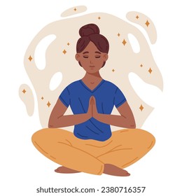 Caricatura meditando a la mujer. Mujer sentada en posición de yoga lotus, tranquila meditación humana. Ilustración de relieve y meditación de vectores planos