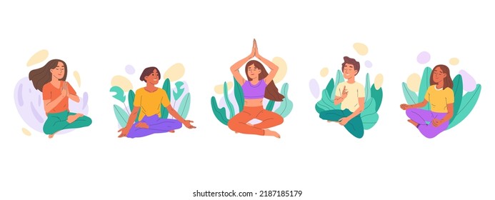 Cartoon meditating, relaxing people, characters practicing yoga. Meditating, peaceful women and men, breath training and mental wellness flat vector illustration. Meditation and yoga practice