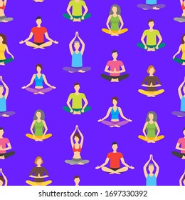 Cartoon Meditation Character People Seamless Pattern Background Meditating Concept Flat Design. Vector illustration of Zen or Calm Practice Person Icons