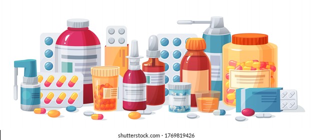 Cartoon meds. Drugs, tablet capsules and prescription bottles. Blisters painkiller drug vector pharmacy medication. Pharmaceutical treatment, medical pill, medication tablet, dose package illustration