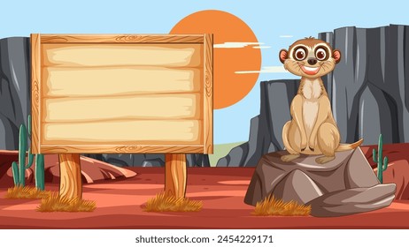 Cartoon meerkat next to a blank wooden sign