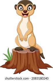 Cartoon meerkat standing on tree stump