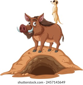 Cartoon meerkat and warthog standing on a dirt mound.