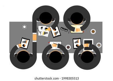Cartoon of a meeting group.Top view of meeting group. 