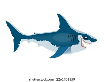 Caricatura del personaje de Megalodon dinosaurio. Extinción de animales carnívoros submarinos o tiburones, bestia acuática prehistórica aislada. Personaje vector de criatura acuática depredador de la era del neogeno con dientes afilados en maw