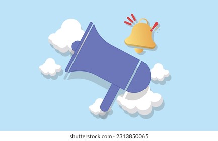 Cartoon Megaphone with Bell notification. Marketing time concept. Online news with loudspeaker. Social media promotion.