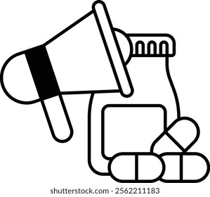 A cartoon of a megaphone with a bottle of pills next to it