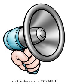 A cartoon megaphone or bullhorn being held by a hand illustration