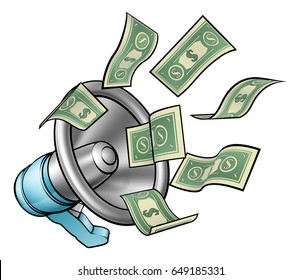 A Cartoon Megaphone Or Bullhorn With Money Flying Out Concept For Referral Bonus, Marketing Or Other Activity Where You Are Paid For Speaking Or Communication