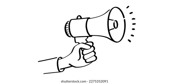 Cartoon megaphone, microphone to speak message symbol or logo. loudspeaker, microfoon pictogram. Horn, announcing for atention talk. Megaphone amplifier. Drawing talking news or for protest. Bullhorn.