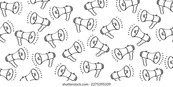 Cartoon megaphone, microphone to speak message symbol or logo. loudspeaker, microfoon pictogram. Horn, announcing for atention talk. Megaphone amplifier. Drawing talking news or for protest. Bullhorn.