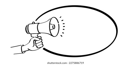 Cartoon megaphone, microphone to speak message symbol or logo. loudspeaker, microfoon line pictogram. Horn, announcing for attention talk. Megaphone amplifier. Drawing talking news or for protest. 