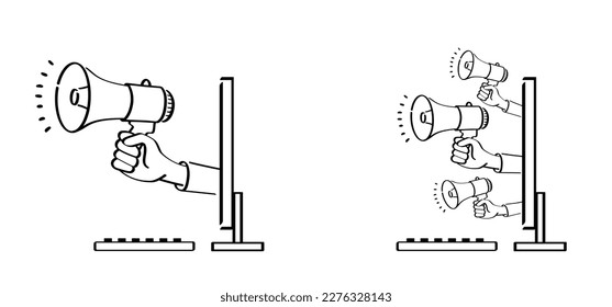 Cartoon megaphone, microphone to speak message, from the computer or laptop. loudspeaker, microfoon icon. Horn, announcing for atention talk. Megaphone amplifier. Talking news or for protest. 