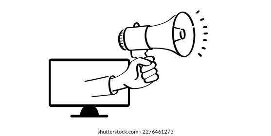 Cartoon megaphone, microphone to speak message, from the TV, computer monitor or laptop. loudspeaker, microfoon icon. Horn, announcing for atention talk. Megaphone amplifier. 