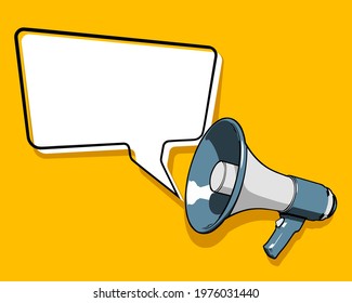 Cartoon megaphone on yellow background with speech bubble and empty copy space for your text. Vector illustration