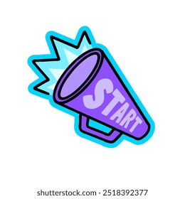 Cartoon megaphone with start text. Creative sticker for motivation, announcements, and action. Vector illustration for brainstorming, leadership, and starting new projects.