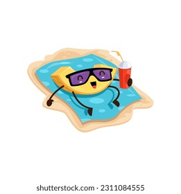 Cartoon melon fruit character enjoying summer beach gateway. Vector fresh juicy plant slice personage with cocktail in hand wear sunglasses tanning and relax on tropical beach during vacation trip