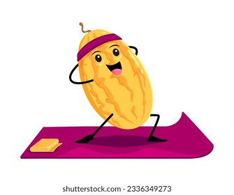 Cartoon melon Obstfigur auf Yoga Fitness Sport. Einziger Vektor glückliche Persönlichkeit steht in asana Pose auf matt. Yogi-Naturnahrung bietet gesunde Lebensweise, Wellness, Körper- und Körperharmonie