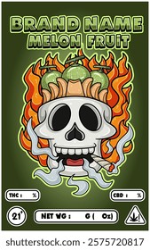 Cartoon Melon Fruit on Skull Head Smoking And Burning Fire Backgrounds. For Product Packaging Cover. Vectors Illustrations