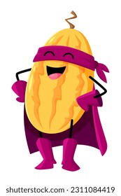 Cartoon melon fruit superhero and defender character wear cape, mask and boots. Isolated vector heroic juicy plant personage fights for justice and hydration with his powers of super strength