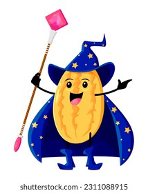 Cartoon melon fruit wizard or magician character. Vector smiling necromancer personage with magic staff. Funny wiz wear astrologer hat and cape with stars. sorcerer tropical fruit, healthy food mage