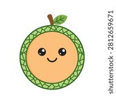 A cartoon melon with a happy face, large eyes, and a small leaf. The fruit has a green netted rind and orange flesh.