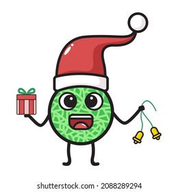 cartoon melon who became Santa wearing a hat and brought gifts.Christmas day.