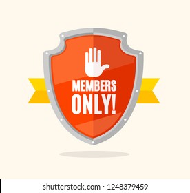 Cartoon Members Only Sign Shield and Ribbon Symbol of Protection Association Concept Flat Design Style. Vector illustration