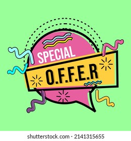 cartoon memphis style advertising badge sticker with special offer text. suitable for e-commerce design